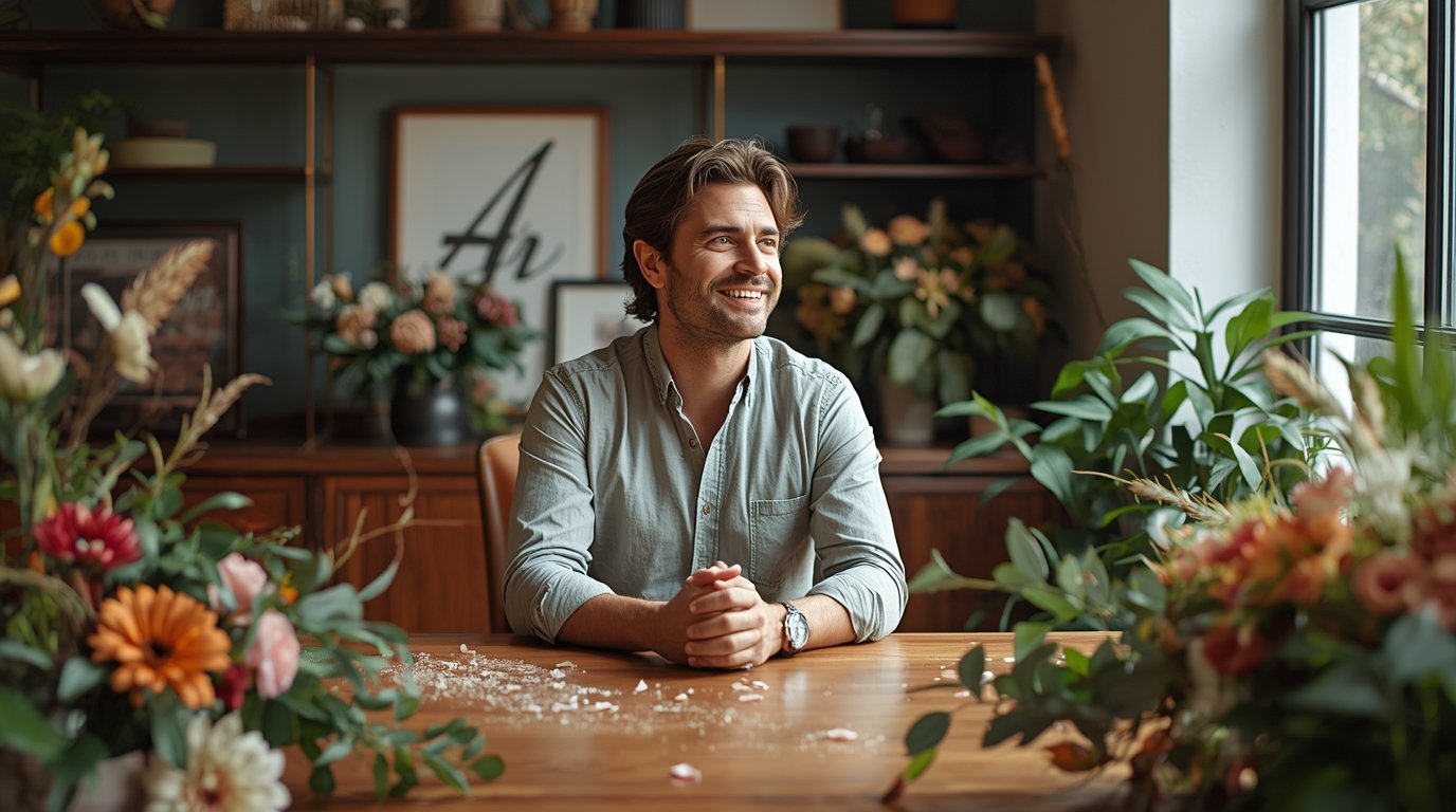 Kukkakaupan perustaja työpöydän ääressä