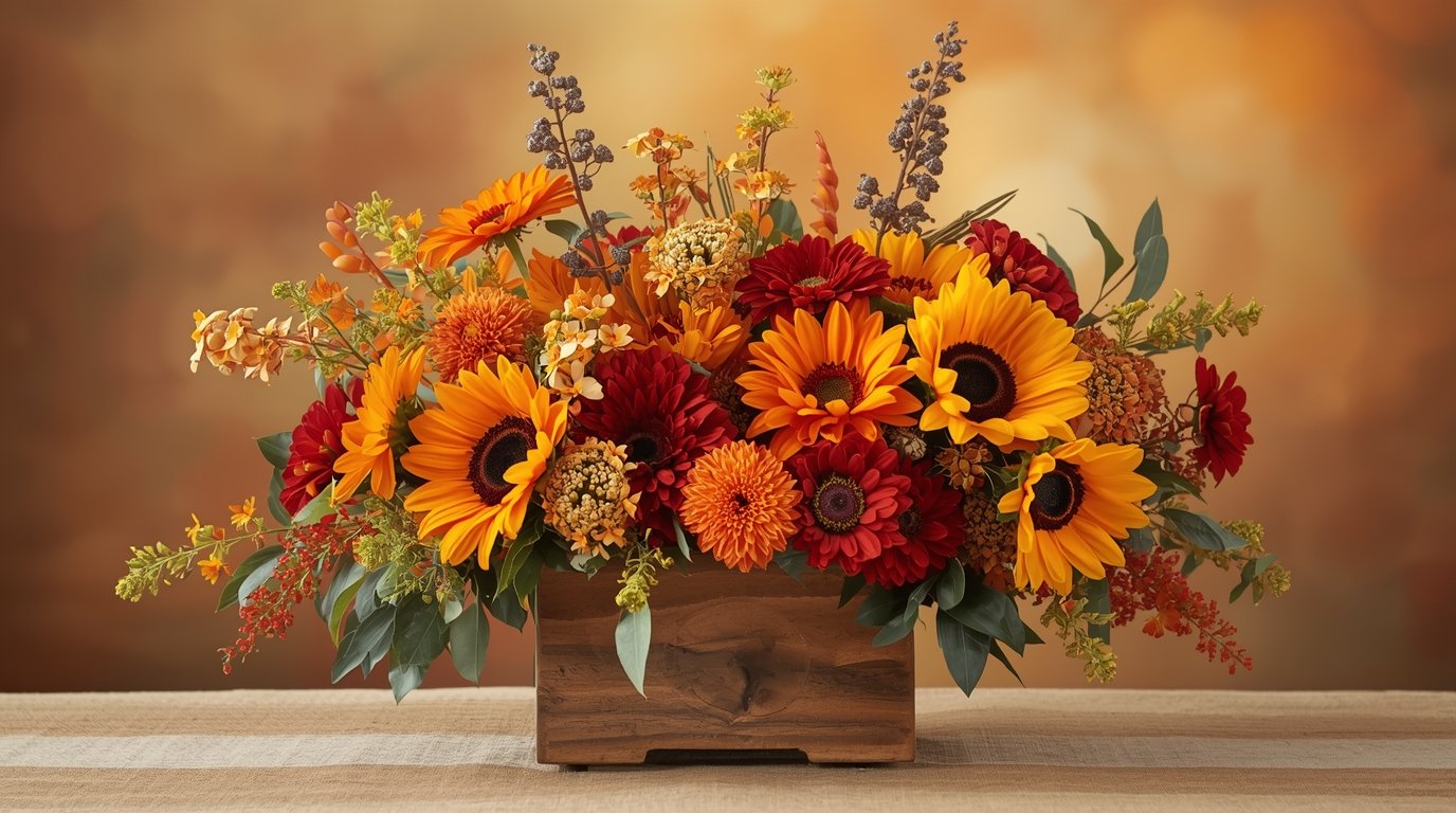 Syksyinen kukka-asetelma lämpimillä sävyillä