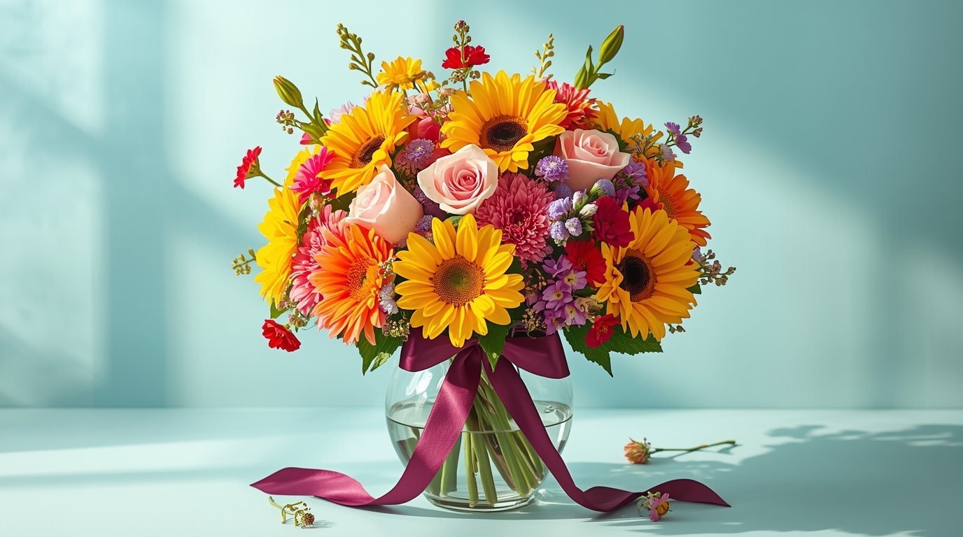 Värikäs syntymäpäiväkimppu iloisilla kukilla